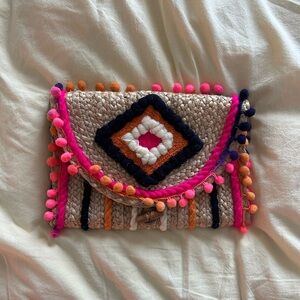 Colorful Woven Clutch with Pom Poms